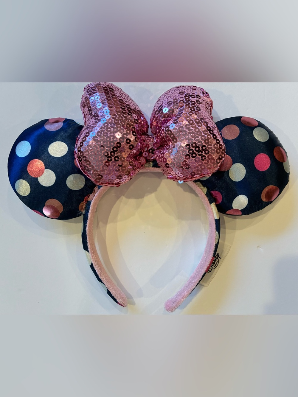 Disney Parks Minnie Mouse Ears Headband Navy Polka Dot Pink Sequin Bow